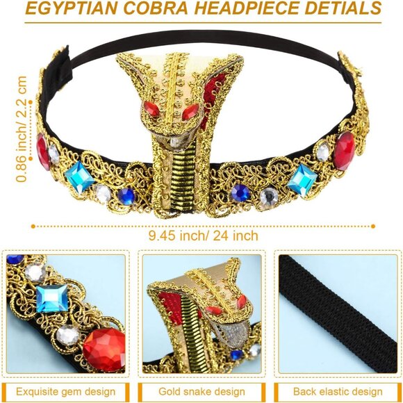 Egyptian Costume Accessories Women Headpiece and Snake Arm Cuffs Gold - Picture 3 of 6